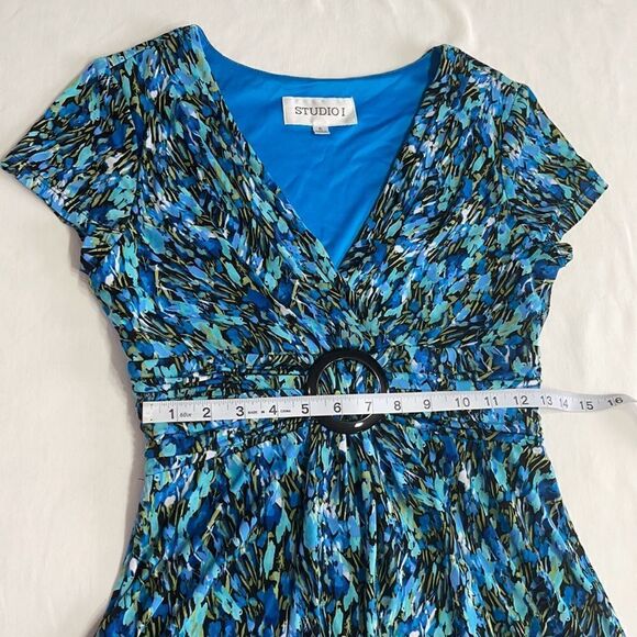 Studio I Blue Printed Ruched & Buckle Waistband Dress Sz 6 - Picture 12 of 16